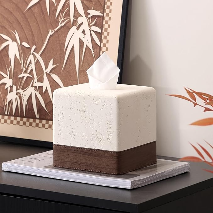 Tissue Box Cover Square, Resin Facial Tissue Holder Covers Toilet Paper Holder Decorative Travertine Paper Dispenser Home Decor for Bathroom Bedroom Living Room Office