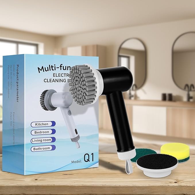 Electric Spin Scrubber, Cordless Shower Scrubber with 3 Replaceable Brushes, Waterproof Power Scrubber for Cleaning Bathroom, Kitchen, Floor, Rechargeable Electric Scrubber for Cleaning, Deep Black