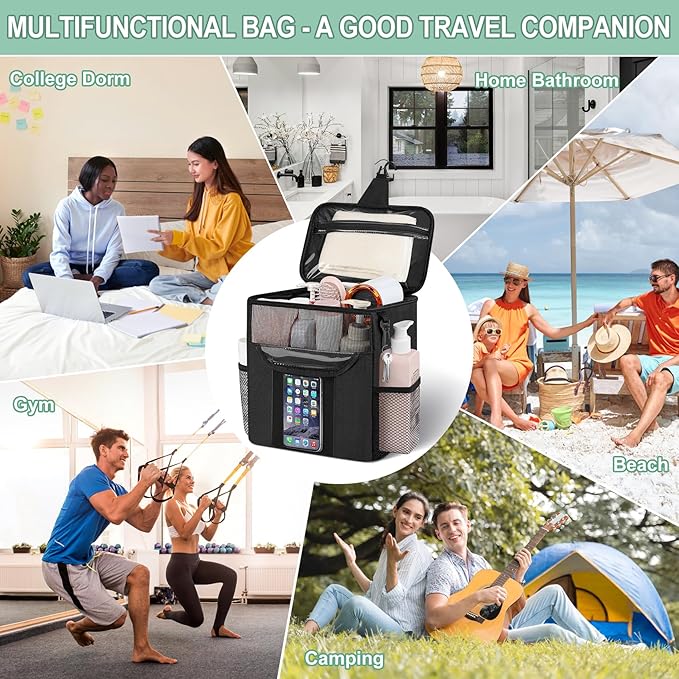 Portable Shower Caddy for Dorm Room Essentials, Foldable Mesh Shower Bag for College, Large Capacity Toiletry Bag Tote Bag Shower Caddy Portable for Student Boy Girl Bath Essentials (Black)