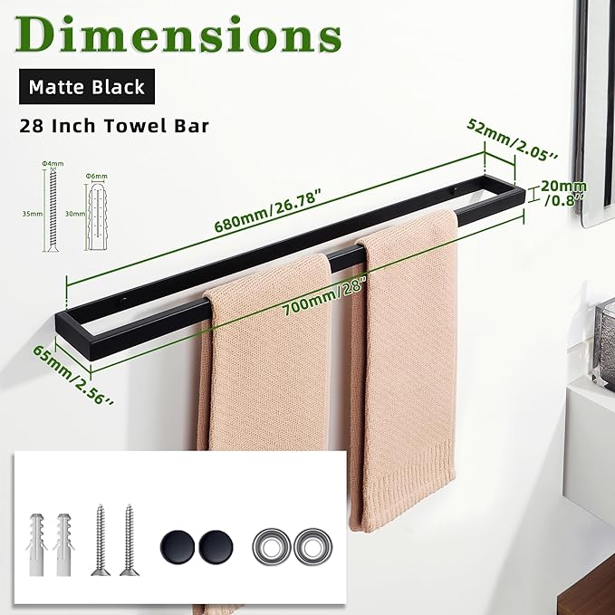 Alise Bath Towel Bars,28 Inch Towel Holder Towel Racks for Bathroom and Lavatory,SUS304 Stainless Steel Hand Towel Hanger Rail Wall Mount,Matte Black
