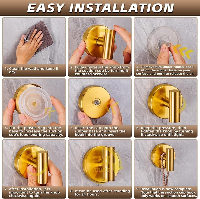 Reusable Heavy Duty Suction Cup Hooks for Kitchen/Bathroom/Shower - Wet-Proof Hooks for Towels, Robes, Loofah&Wreaths/No Drill Mounting on Glass, Tile, (2, Brushed Gold)