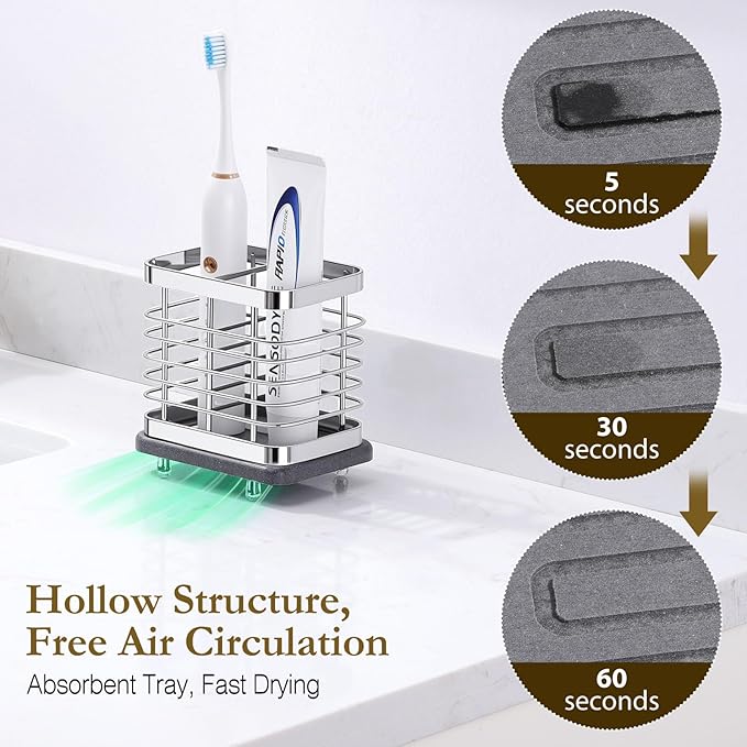 Shinowa Toothbrush Holder Wall Mounted for Bathroom, Stainless Steel Electric Toothbrush Toothpaste Holder with Fast Dry Tray, 2 Slots Adhesive and Countertop Bathroom Accessories Organizer, Silver
