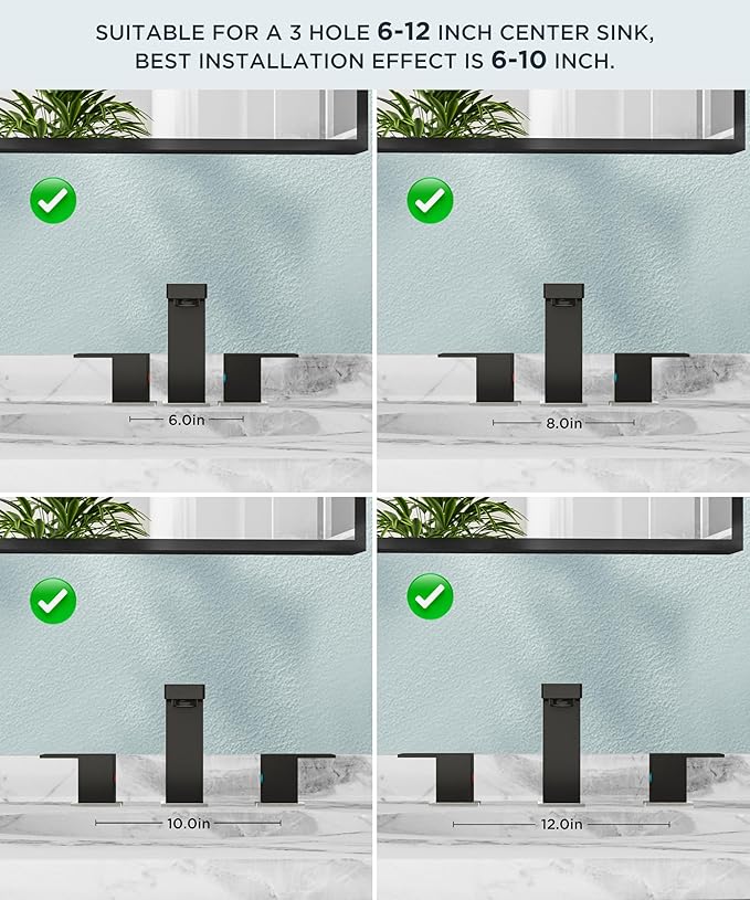 FORIOUS 3 Piece Brushed Nickel and Black Bathroom Sink Faucets 3 Hole, 2 Handle Lead-Free Square 8 Inch Bathroom Faucet Widespread for Vanity Sink with Metal Drain and 24 Inch Supply Lines