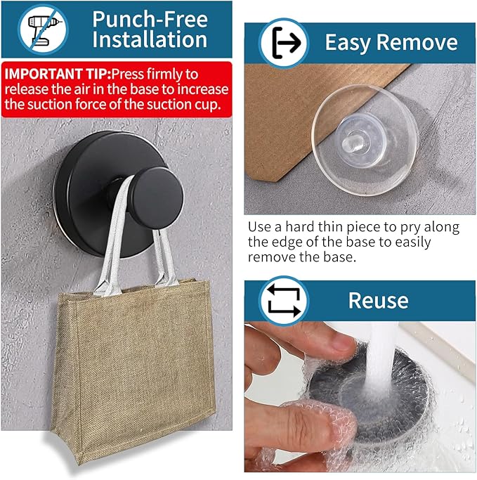 Suction Cup Hooks for Shower 2 Pack Stainless Steel No Drill Removable Waterproof Rustproof for Bathroom Kitchen Glass Mirror Tile to Hang Towels Robes Loofah Wreath (Matte Black)