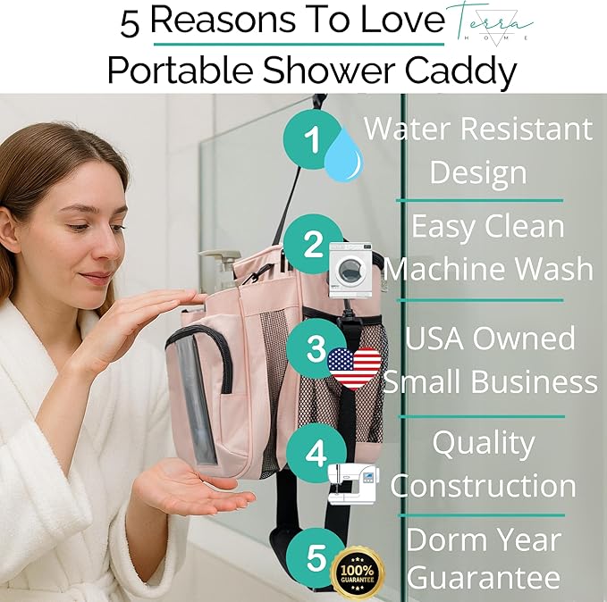 XL Portable Shower Caddy Bag for Girls with Extra Storage, Durable Mesh Bottom, Shoulder Strap, Keychain Holder Shower Caddy Case for College Dorms - Travel Vacation Essentials (Blush Pink)