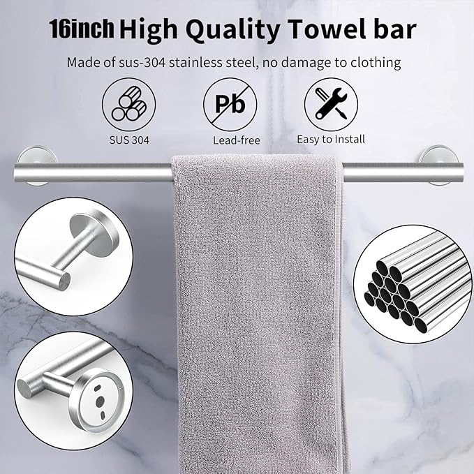 Newfun 16 Inch Brushed Nickel Bathroom Towel Bar,2Pcs Towel Racks for Bathroom Rod Classic SUS304 Stainless Steel Bathroom Towel Holder Wall Mounted