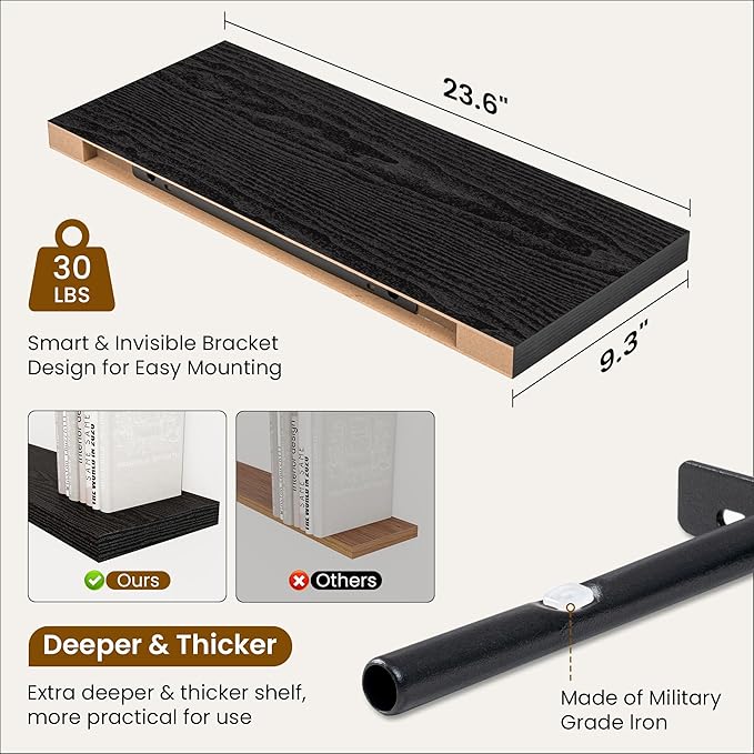 Fun Memories Floating Shelves for Wall, 24 Inch Rustic Wood Wall Mounted Shelves for Bathroom, Bedroom, Living Room, Deep Floating Shelves for Storage & Home Decor (Black, Set of 2)