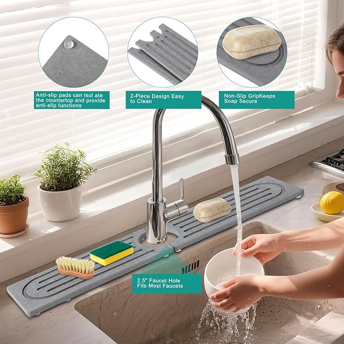 23.6”Drying Stone Faucet Mat for Kitchen Sink-Diatomite Quick Dry Kitchen Sink Splash Guard, Water Absorbent Diatomite Stone Tray,Durable Protector for Bathroom Counter (Grey, 23.6" X 3.9")