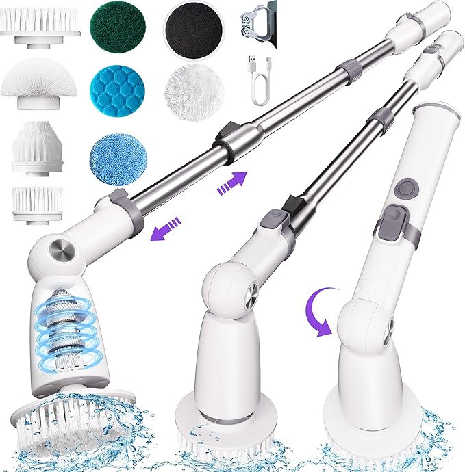 Electric Spin Scrubber,Floor Scrubber with Long Handle Power Scrubber Dual Speeds,Cleaning Brush Cordless,Shower Scrubber Scrub Brush with 3 Adjustable Angles,8 Brush Heads for Bathroom,Tile