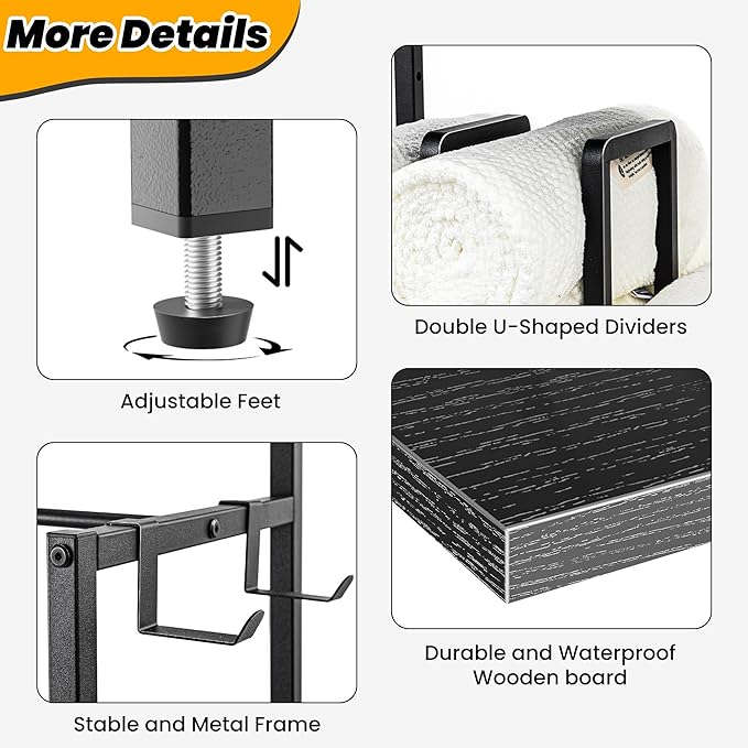 Aquzee Standing Towel Racks for Bathroom, 3-Tier Hand Towel Holder Organizers, Towel Drying Rack Stand, U-Shaped Removable Dividers Towel Storage for Rolled Folded Drying Towels, Black