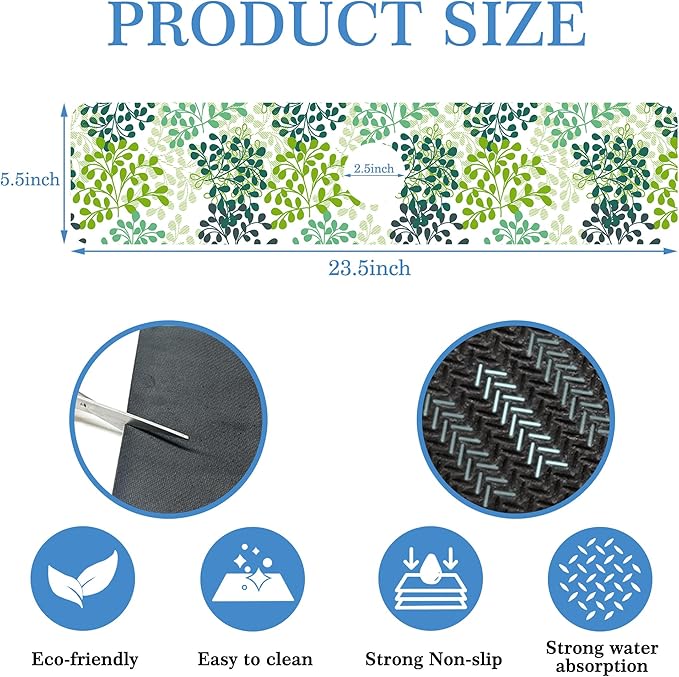 Green Leafy Faucet Mat for Kitchen Sink Verdant Vein, Soft Diatom Mud Material, Strong Water Absorption, Non-slip, Easy to Clean for Bathroom, Kitchen 23.5"X5.5"