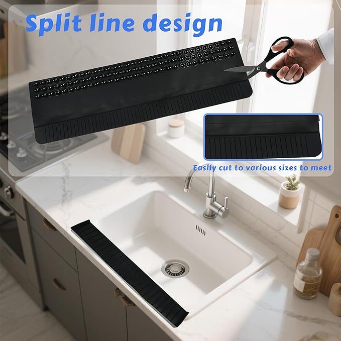Silicone Sink Edge Protector 14", Kitchen Faucet Splash Guard with Suction Cups, Tilt and Cuttable Edge Guard, Multi-function Sink Accessories for Kitchen, Bathroom, Steel, Granite, Quartz Countertop