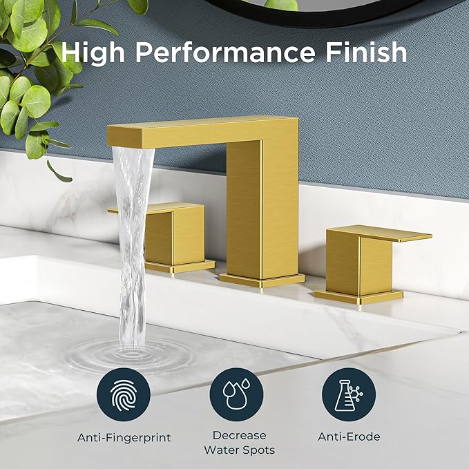 FORIOUS Brushed Gold Bathroom Faucet 3 Hole, 8 Inch Widespread Waterfall Bathroom Sink Faucet Gold with Metal Pop-Up Drain and cUPC Supply Lines Included for Restroom, Lavatory, Vanity Sink