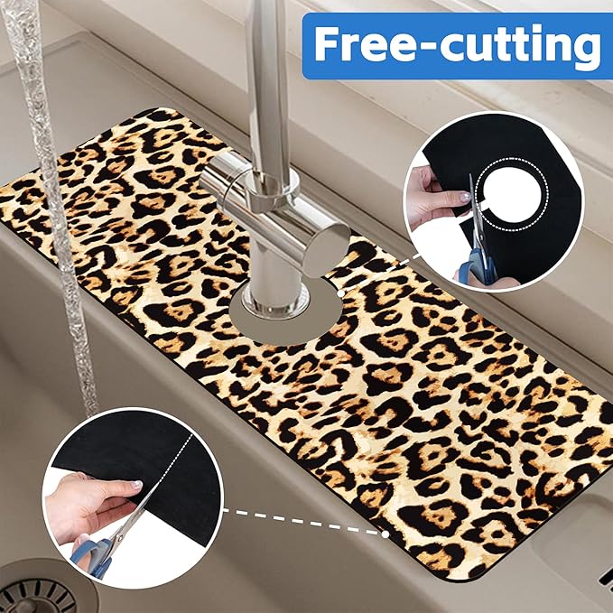 Abstract Brown Leopard Dish Drying Mat for Kitchen Sink Splash Guard Behind Faucet Sink Mat Absorbent Fast Drying Faucet Draining Mat for Bathroom Kitchen 5.5"×15"