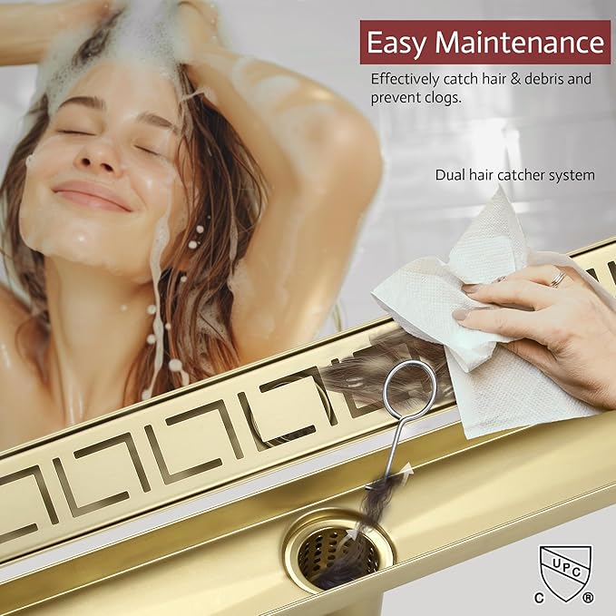 24 Inch Linear Shower Drain, Brushed Gold Shower Drain, Removable Grate, 304 Stainless Steel, Easy to Install and Clean for Bathrooms (Drain Base Not Included), LSD-30A-24G