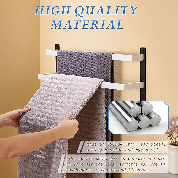 Bath Double Towel Bars with Hooks, 24 Inch Stainless Steel Towel Rail, Wall Mount Towel Rack for Bathroom Lavatory, White & Black