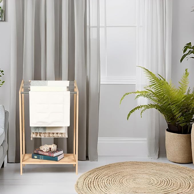 HYNAWIN Free-Standing Towel Rack,3 Tiers Bathroom Towel Drying Rack with Bottom Shelf,Wooden Blanket Holder, Bamboo Multi-Use Organizer for Towels, Blankets, and Slippers
