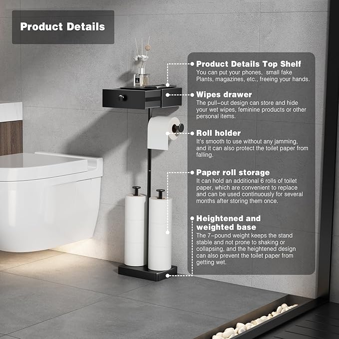VOLDRA Toilet Paper Holder Stand with Shelf, Free Standing Black Toilet Paper Roll Holder with Wipes Storage Drawer Heavy Duty Floor Bathroom Tissue Holder Freestanding No Drill Tp Holder for 7 Rolls