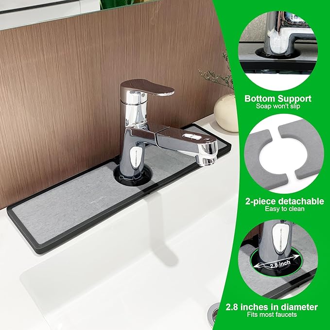 Gosmol Faucet mat for Kitchen Sink, Silicone & Stone Drying Mat for Kitchen Sink, Water Absorbing Stone Tray for Sink, Prevents Moisture Buildup - Sink Splash Guard for Bathroom Counter -Black