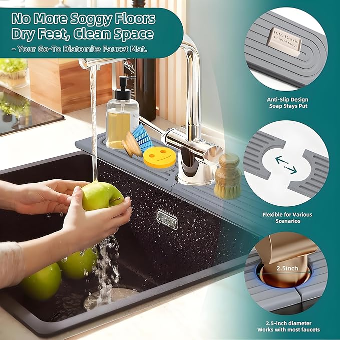 Diatomite Stone Faucet Mat for Kitchen Sink(23.6" x 3.9")- Super Absorbent & Quick-Drying Sink Faucet Mat, Durable Kitchen/Bathroom Sink Protector Sink Stone Quick Dry Around Faucet Christmas Gifts