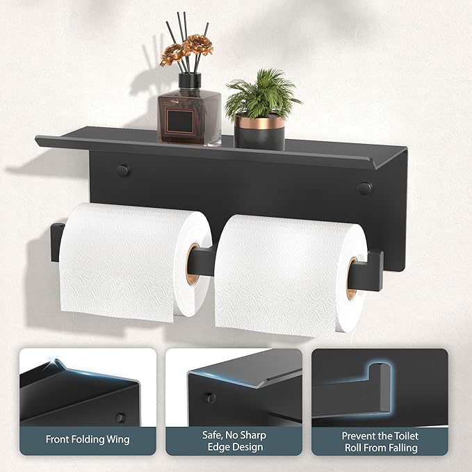 FORIOUS Black Toilet Paper Holder with Shelf, 304 Stainless Steel Wall Mount Commercial Toilet Paper Dispenser, Double Tissue Roll Holder for Bathroom, Matte Black