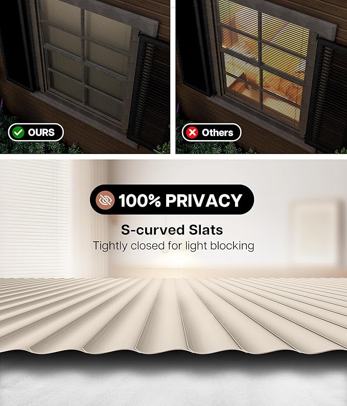 LazBlinds No Tools No Drill Cordless 1" Vinyl Mini Blinds, 100% Privacy S-Curve Blinds for Indoor Windows, Room Darkening Horizontal Window Blinds and Shades for Home, 35" W x 48" H, Beige
