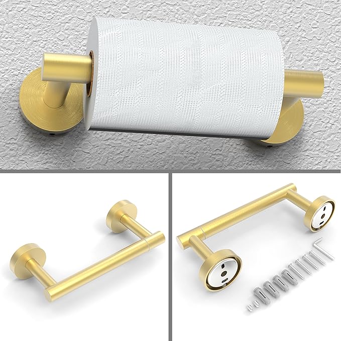 Gold Toilet Paper Holder & Towel Ring SUS304 Stainless Steel 2pc Bathroom Hardware Set with Double Post Pivoting Toilet Paper Roll Holder Wall Mount & Bathroom Towel Holder Set