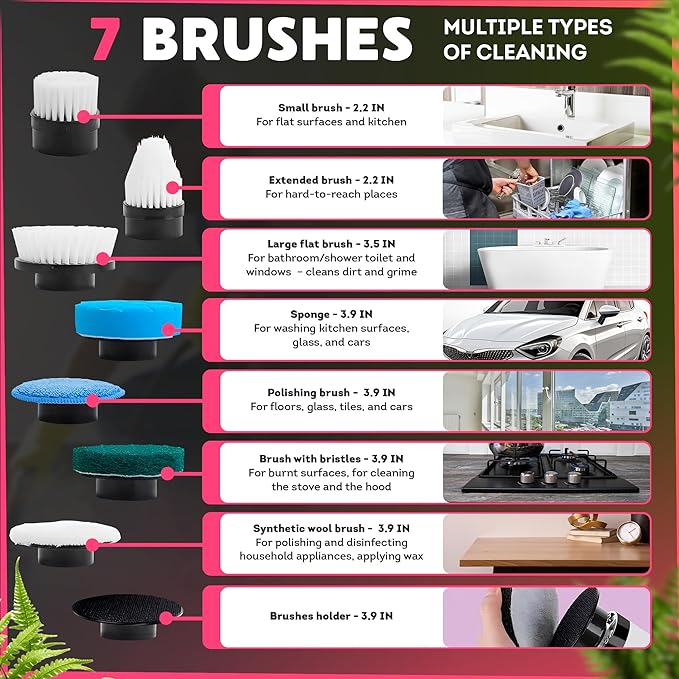 7-in-1 Electric Bathroom Scrubbing Brush, 2500 mAh. Telescopic Bathtub Scrubber with Long Handle. Powerful Electric Bathtub Scrubber. Portable Power Brush for Cleaning Bathroom, Kitchen, Car