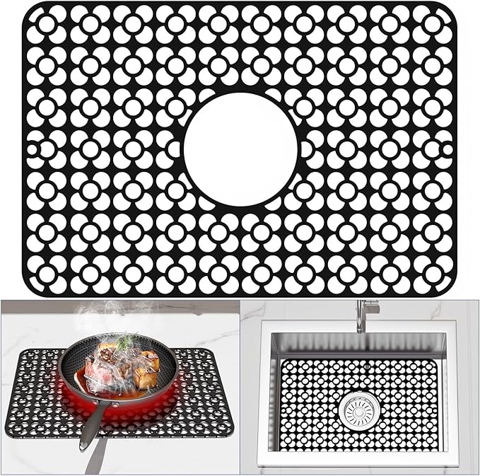 TOOVEM Kitchen Sink Mats, Sink Protectors for Kitchen Sink, 11.5 x 18.2 Inch Silicone Heat Resistant Non-Slip for Bottom of Kitchen Stainless Steel Sink Mats, Black