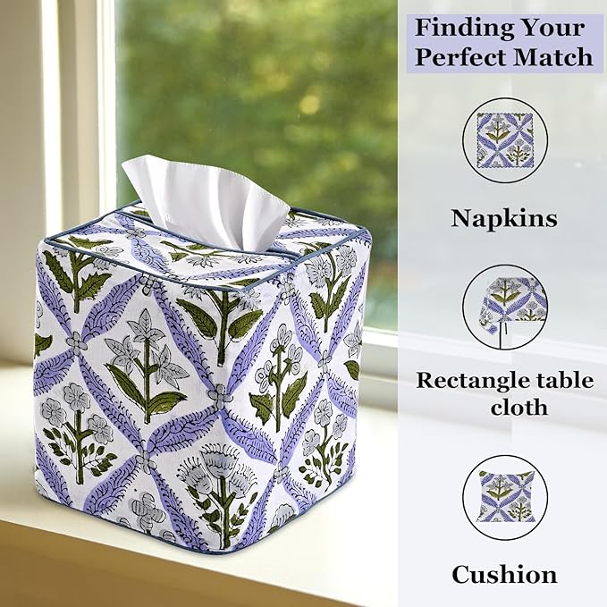 Ridhi Light Steel Blue Block Print Tissue Box Cover Handmade Cotton Fabric Decorative Square Napkin Holder for Home Bedroom Living Room Bathroom Vanity Countertop Car Night Stands Office Kitchen