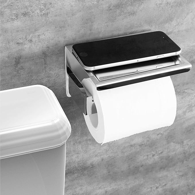 HITSLAM Toilet Paper Holder with Shelf, Stick on Chrome Tissue Roll Holder Self Adhesive or Wall-Mount with Storage Shelf for Bathroom