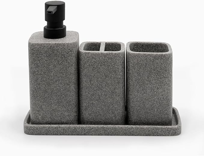 ZCCZ Grey Bathroom Accessory Sets, 4 Pieces Bathroom Accessories Complete Set Vanity Countertop Accessory Set, Includes Lotion Dispenser Soap Pump, Tumbler, Toothbrush Holder and Tray