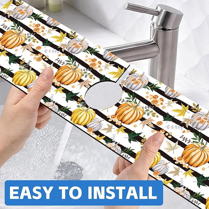 Thanksgiving Sink Faucet Absorbing Mat Autumn Pumpkin Floral Absorbent Fast Drying Mat Faucet Draining Mat Sink Splash Guard Behind Faucet Drip Catcher for Kitchen Bathroom 5.5"×24"
