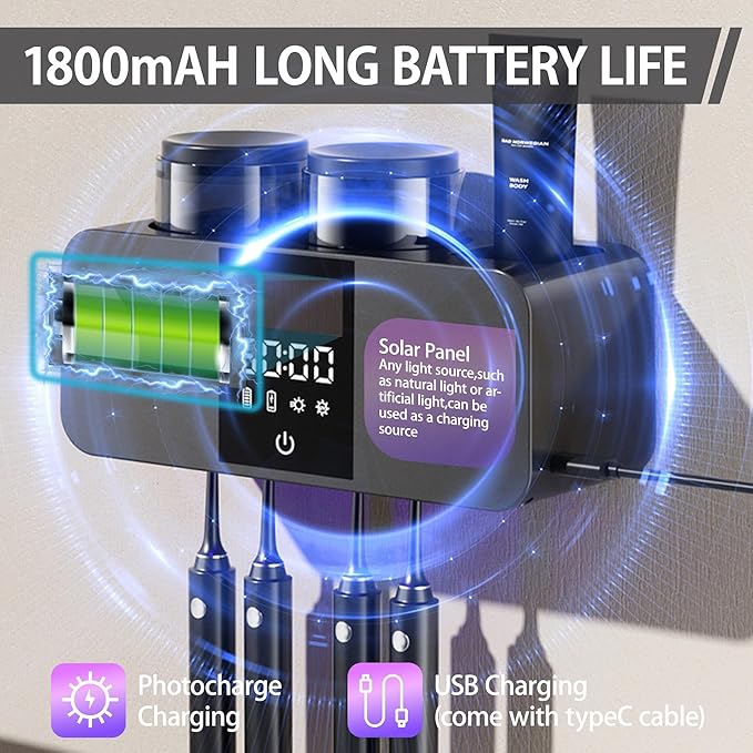 Toothbrush Cleaner & Wall Mounted Toothbrush Holders,Cleaning and Air Drying LED Smart Screen and Timer Function Rechargeable Cordless Tooth Brushing Holder for Bathrooms(Black)