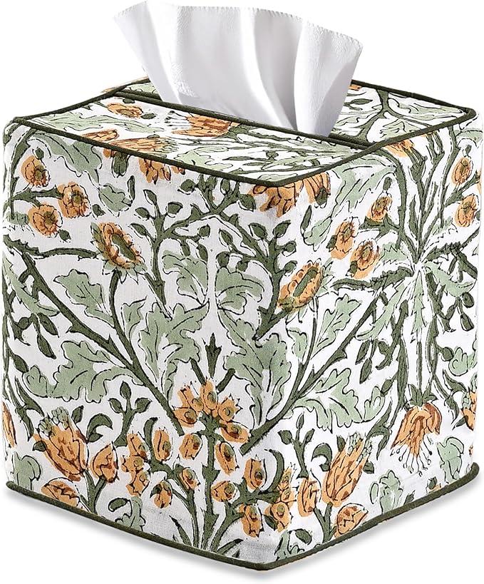 Ridhi Goldenrod Yellow Block Print Tissue Box Cover – Handmade Cotton Fabric Tissue Holder for Home Bedroom Living Room Bathroom Vanity Car Nightstand Office Kitchen – Decorative Square Napkin Holder
