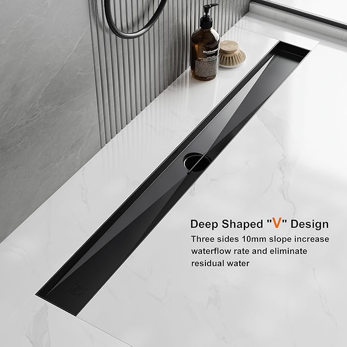 Neodrain 36 in Matte Black Linear Shower Drain, Rectangular Linear Shower Drain with Brick Pattern Grate, Brushed 304 Stainless Steel Bathroom Floor Drain