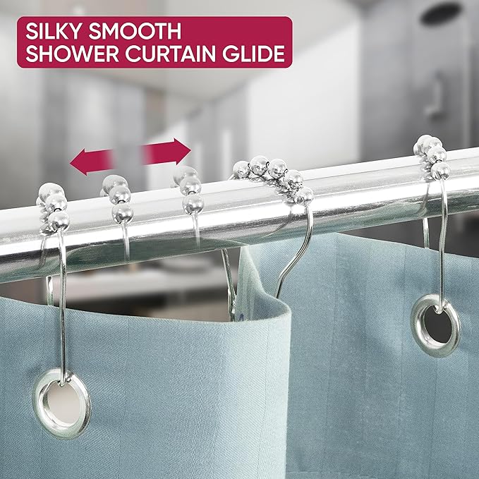 Shower Curtain Hooks Rust Proof (Set of 12) - Stainless Steel Shower Curtain Rings - Anti Slip Roller Balls for Easy Glide (Secure Lock Hooks, Chrome)