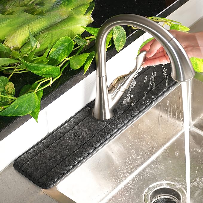 Ternal Sinkmat for Kitchen Faucet, Original Design, Absorbent Microfiber Fabric, Machine Washable Splash Guard & Drip Catcher For Around Faucet Handle [Black Bundle, 24",15" & 9"]