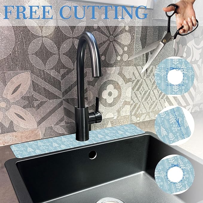 Winter Fir Tree Faucet Mat for Kitchen Sink Fir Trees Bushes Snow, Soft Diatom Mud Material, Strong Water Absorption, Non-slip, Easy to Clean for Bathroom, Kitchen 23.5"X5.5"