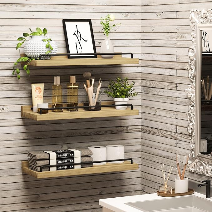 Floating Shelves for Wall Decor, Light Brown Wood Shelves for Bathroom, Living Room, Bedroom, Picture Frames, Plants, Kitchen (Set of 3)