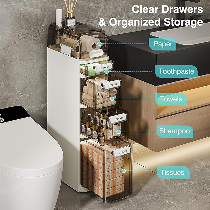 VECELO 5-Tier Narrow Toilet Storage Cabinet, Plastic Slim Toilet Paper Storage with Drawers & Wheels, Space-Saving, for Small Spaces, Laundry Room, Kitchen, Office, White