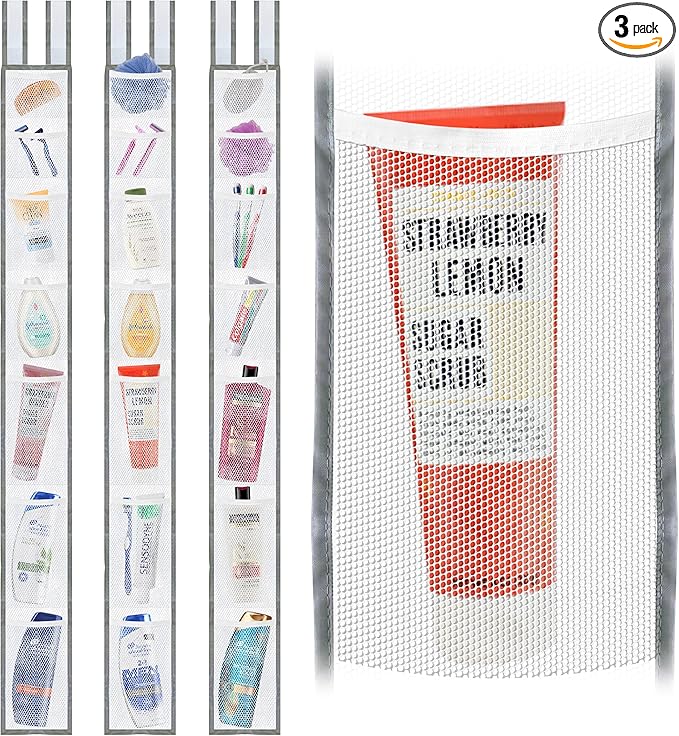 TidyFriend Mesh Shower Caddy Hanging 60 x 6 Inches, 3 Pack Mesh Hanging Organizer With 7 Pockets, 100% Polyester, Adjustable Velcro Strap or Hook