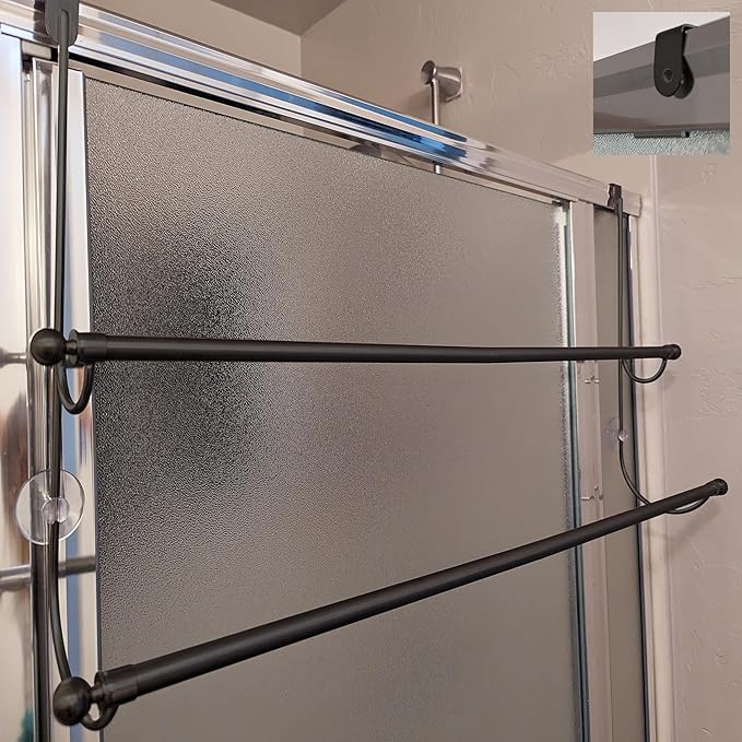 Insieme 29 x16 Inch Towel Rack for Over Glass Shower Wall or Glass Shower Enclosure (Frameless or Frames up to 1.6" Thick). Easy Do-It-Yourself Assembly - 2 Tier - Black - Stainless Steel - No Rust