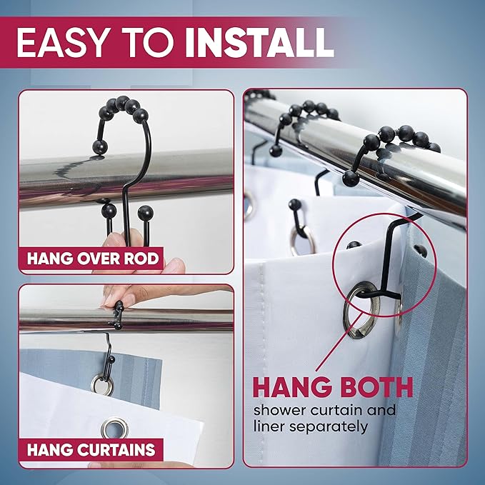 Shower Curtain Hooks Rust Proof (Set of 12) - Stainless Steel Shower Curtain Rings - Anti Slip Roller Balls for Easy Glide (Double Anchor Hooks, Matte Black)