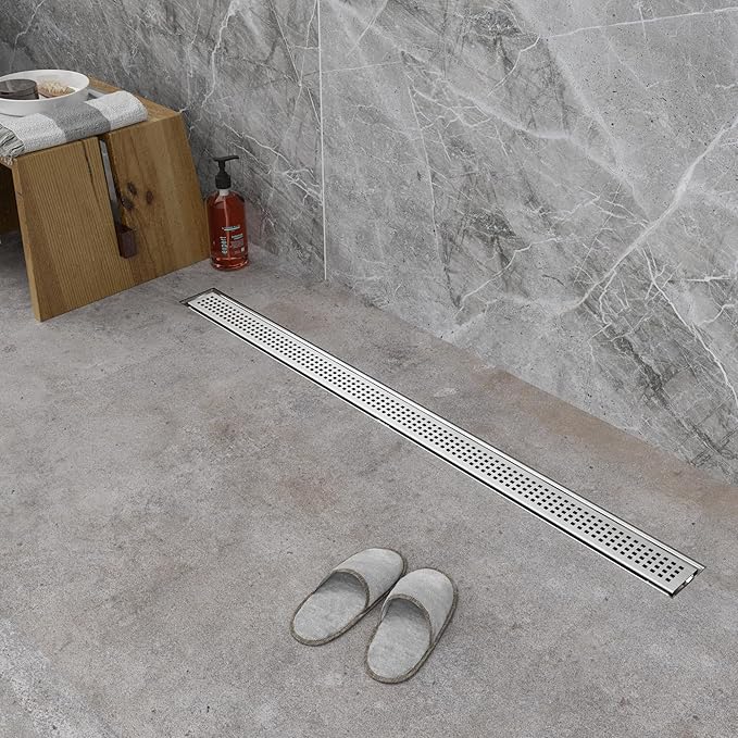 36 inch Linear Shower Drain with Square Hole Pattern Grate Cover, Brushed 304 Stainless Steel Bonding Flange Linear Drain, Low Profile Linear Shower Drain with Hair Strainer