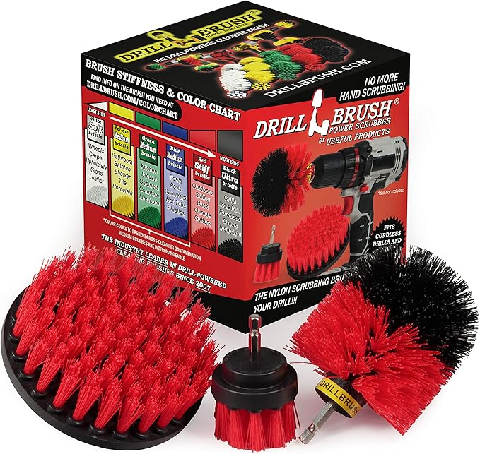 Outdoor Cleaning Supplies - Red Stiff Nylon Bristle Outdoor Scrubbing Kit - Fountain Scrub Brush - Concrete Scrubber Brush - Stone Stain Cleaning Tools - Brick Brushes - Patio Scrubber - Clean Deck