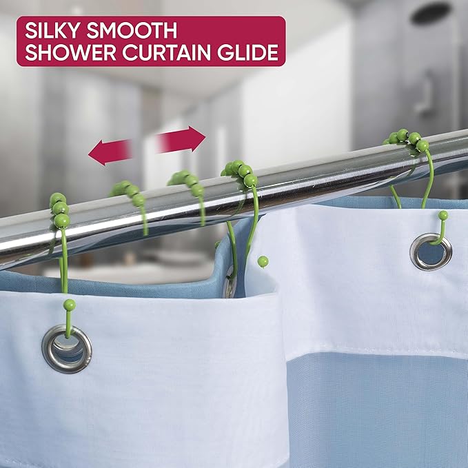 Shower Curtain Hooks Rust Proof (Set of 12) - Stainless Steel Shower Curtain Rings - Anti Slip Roller Balls for Easy Glide (Omega Double Hooks, Lime Green)