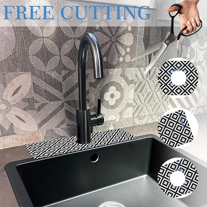 White Geometric Tile Faucet Mat Splash Guard Stylish Texture Rhombu, Soft Diatom Mud Material, Strong Water Absorption, Non-slip,Easy to Clean for Bathroom, Kitchen 15"X5.5"