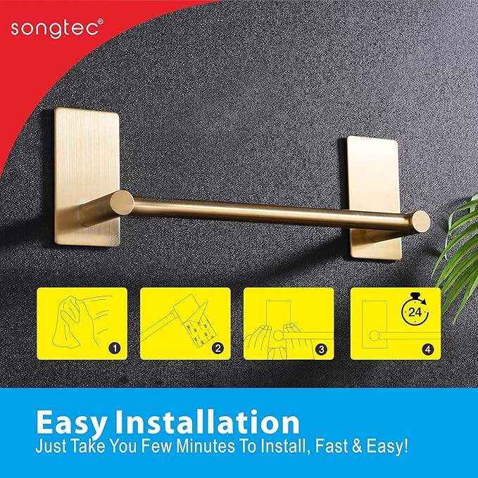 Songtec Gold Towel Bar 12-Inch, Adhesive Stick On Bath Towel Rack No Drill, Strong Adhesion Tape Mount Towel Holder, Stainless Steel - Brushed Gold
