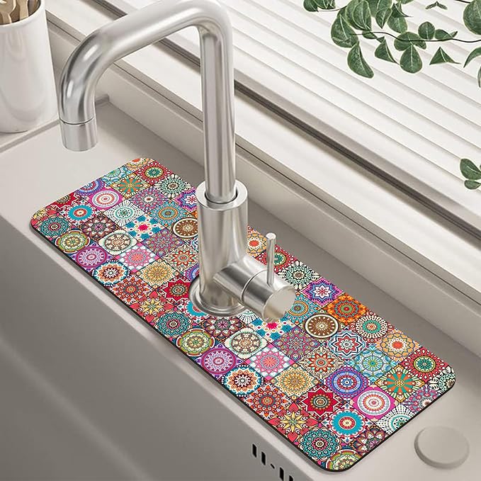 Faucet Draining Mat For Kitchen Sink Mexican Tiles Diatom Mud Absorbent Drain Pad For Bathroom Kitchen Sink Splash Guard Drying Mat 5.5"×15"